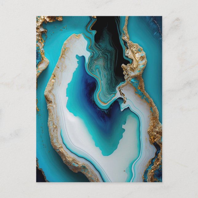 Turcos Aqua Blue Guld Gemstone Acrylic Pour Art Vykort (Framsida)