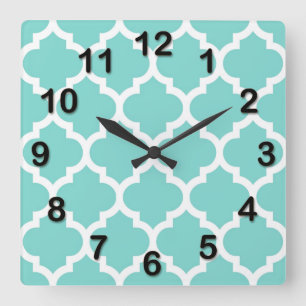 Turcos Aqua Wht Moroccan Quatrefoil Mönster #5 Fyrkantig Klocka