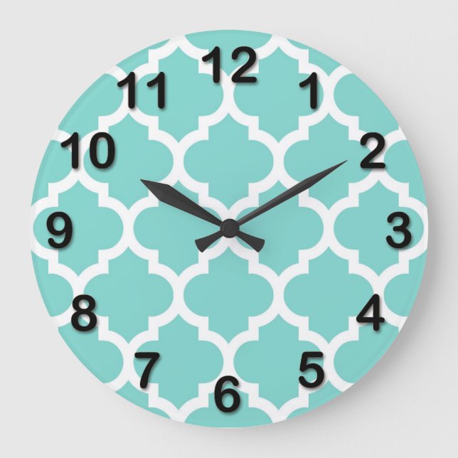 Turcos Aqua Wht Moroccan Quatrefoil Mönster #5 Stor Klocka (Framsida)