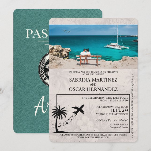 Turcos Aruba Passport Wedding-inbjudan Inbjudningar (Fram/baksida)