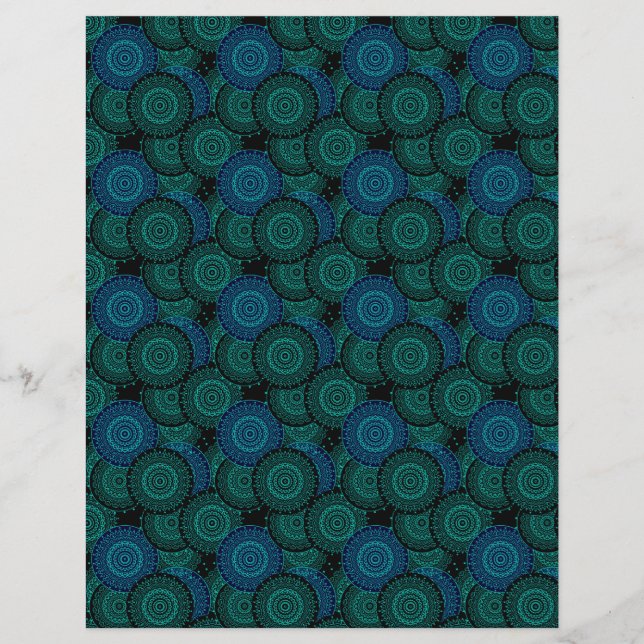 Turcos blå runda mandala på svart bakgrund reklamblad (Framsidan)