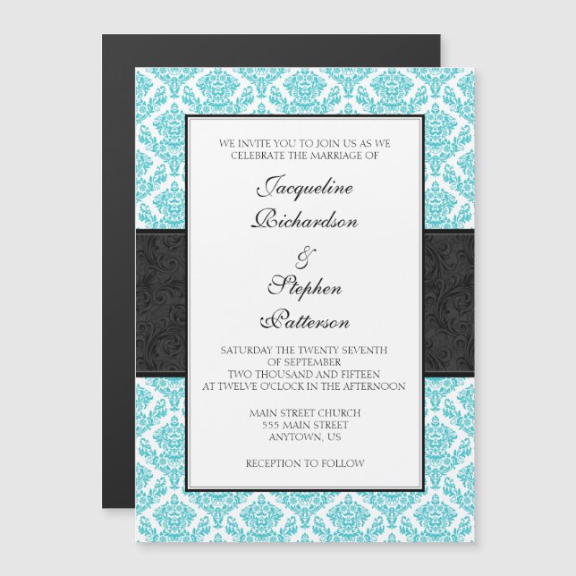 Turcos Black Damask Magnetic Bröllopsinbjudans Magnetisk Inbjudningskort (Fram/baksida)