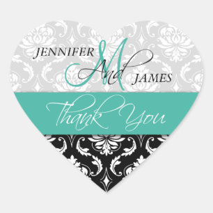 Turcos Black Damask Wedding Favor Heart-märke Hjärtformat Klistermärke