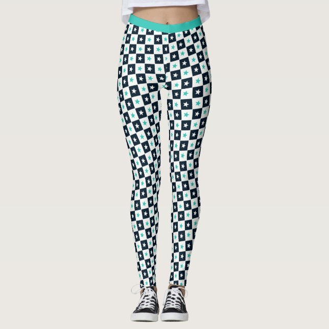 Turcos Black White Stars Square Mönster Fitness Leggings (Framsida)