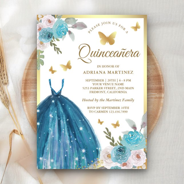 Turcos Blommigt Dress Butterfly Guld Quinceanera Inbjudningar (Skapare uppladdad)