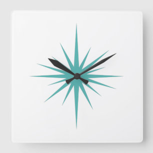 Turcos Blue Atomic Starburst Mid Century Modern Fyrkantig Klocka