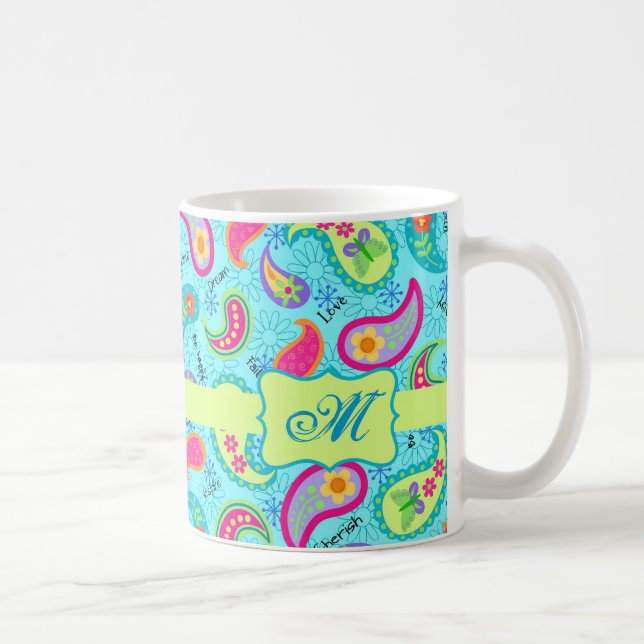 Turcos Blue Grönt Modern Paisley Monogram Kaffemugg (Höger)