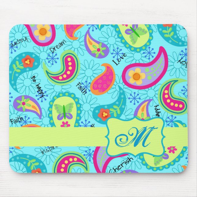 Turcos Blue Grönt Modern Paisley Monogram Musmatta (Framsidan)