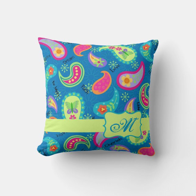 Turcos Blue Grönt Modern Paisley Mönster Kudde (Framsida)