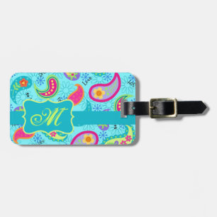 Turcos Blue Modern Paisley Mönster Monogram Bagagebricka