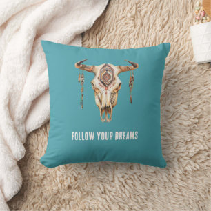 Turcos Blue Native Tribal Bull Horns Skull Kudde