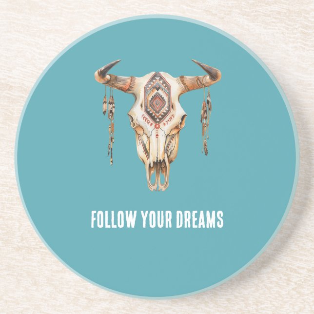 Turcos Blue Native Tribal Bull Horns Skull Underlägg (Framsidan)
