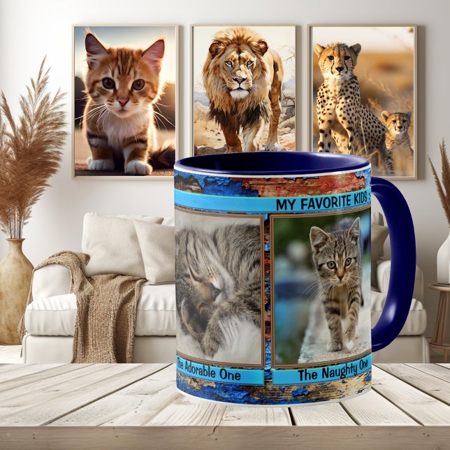 Turcos Blue Personlig Funny Cats Photo Mugg (Funny cat photo mug with a grunge artistic turquoise blue framing - kittens optional)