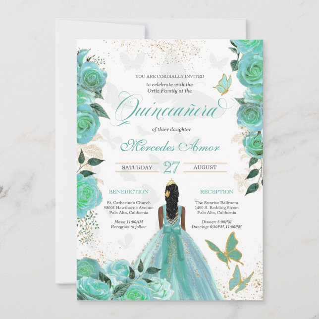 Turcos Blue Ro Butterfly Quinceanera Inbjudningar (Framsida)