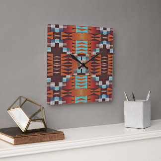 Turcos Blue Sienna Orange Red Brown Tribal Art Fyrkantig Klocka