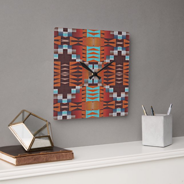 Turcos Blue Sienna Orange Red Brown Tribal Art Fyrkantig Klocka (Kontor)