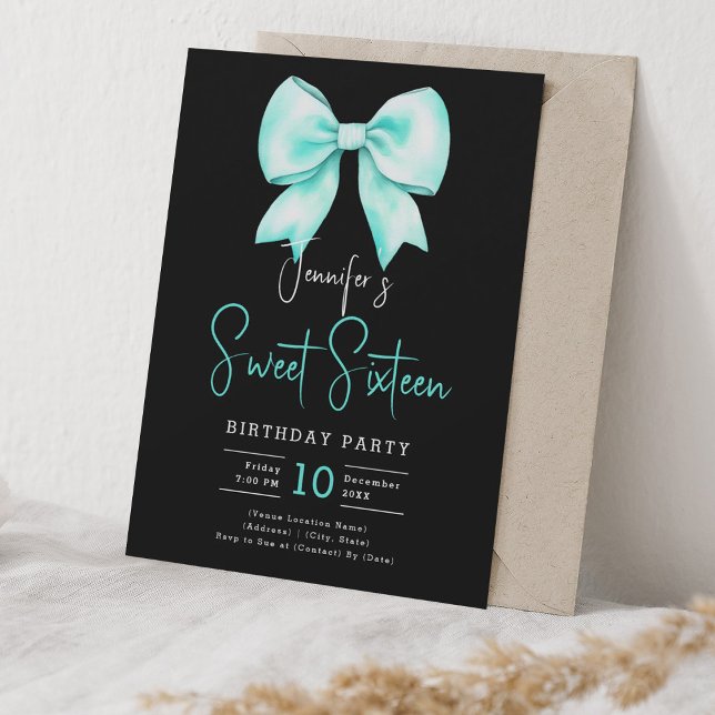 Turcos Bow Coquette-skript, söt 16 svart Inbjudningar (Turquoise Bow Coquette Script Sweet 16 Black Invitation)
