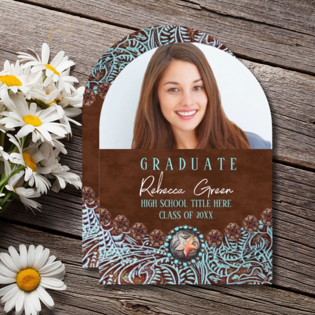 Turcos Brown Westerna Land Studenten Photo Inbjudningar (Turquoise Brown Western Country Graduation Photo Invitation)