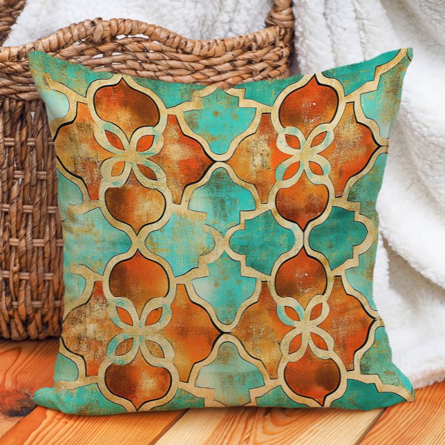 Turcos Burnt Orange Moroccan Tile Boho Kudde (Turquoise Burnt Orange Moroccan Tile Boho Throw Pillow)