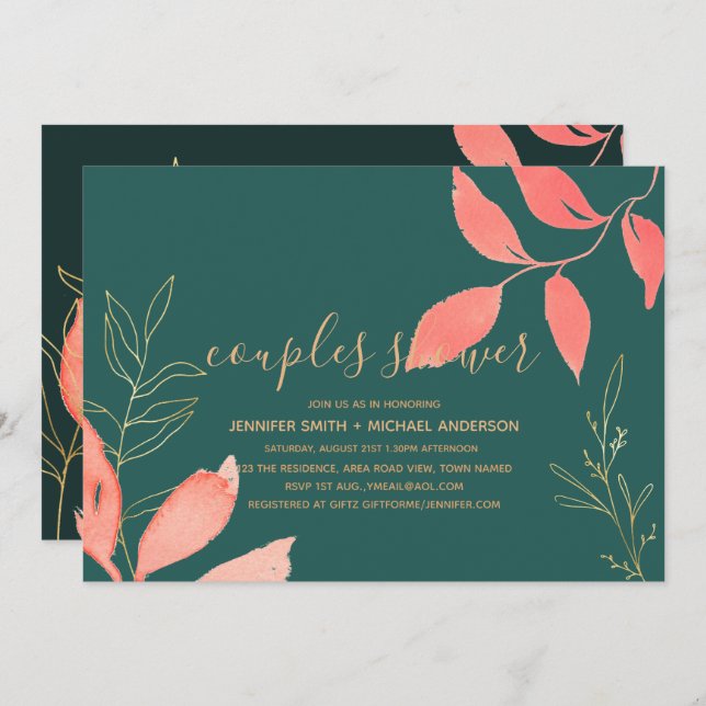 Turcos Coral Guld PAR SHOWER Handskriftlig Inbjudningar (Fram/baksida)