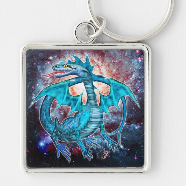 Turcos Cosmic Dragon Fyrkantig Silverfärgad Nyckelring (Framsidan)