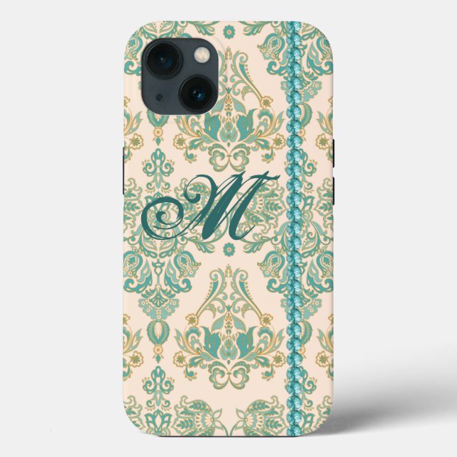 Turcos Damask Monogram, Faux Pearls iPhone 13 (Baksida)