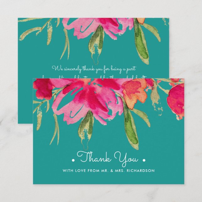 Turcos Fuchsia Blommigt Tack Bröllop Card Inbjudningar (Fram/baksida)