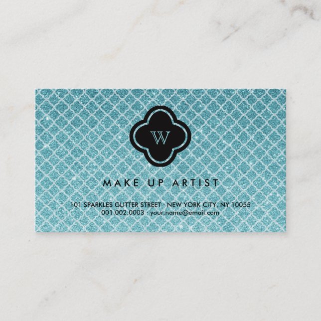 Turcos Glitter Monogram Quatrefoil-profilkort Visitkort (Framsida)