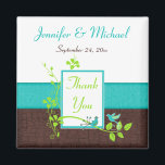 Turcos Grönt Brown Blommigt Wedding Favor Magnet<br><div class="desc">Den här turkosblå,  vita,  bruna FAUX-krackningen och limmargrön blommigt tack vare din bröllopsfavortmagnet har ett par blått love birds på den som matchar den bröllopsinbjudan som visas nedan. Om det finns några andra matchande objekt som du behöver,  skicka e-post till din förfrågan till niteowlstudio@gmail.com.</div>