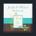 Turcos Grönt Brown Blommigt Wedding Favor Magnet<br><div class="desc">Den här turkosblå,  vita,  bruna FAUX-krackningen och limmargrön blommigt tack vare din bröllopsfavortmagnet har ett par blått love birds på den som matchar den bröllopsinbjudan som visas nedan. Om det finns några andra matchande objekt som du behöver,  skicka e-post till din förfrågan till niteowlstudio@gmail.com.</div>