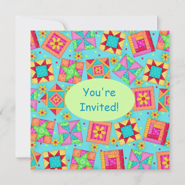 Turcos Grönt Patchwork Quilt Block Art Inbjudningar (Framsida)