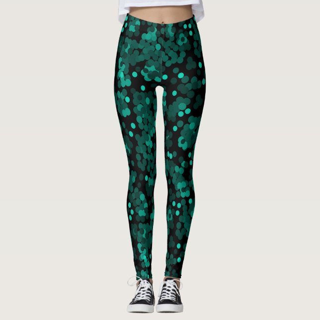 Turcos grönt polka dot mönster på svart leggings (Framsida)
