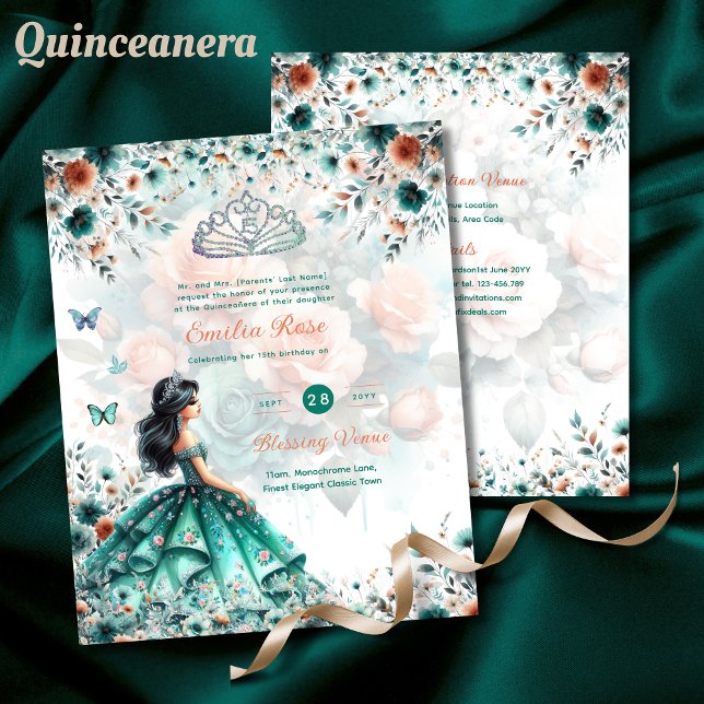 Turcos Grönt Quinceanera Dress Blommigt Butterfly (Skapare uppladdad)