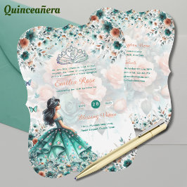 Turcos Grönt Quinceanera Dress Blommigt Butterfly Inbjudningar