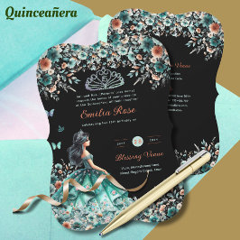 Turcos Grönt Quinceanera Dress Blommigt Butterfly Inbjudningar