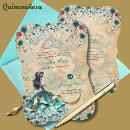 Turcos Grönt Quinceanera Dress Blommigt Butterfly Inbjudningar