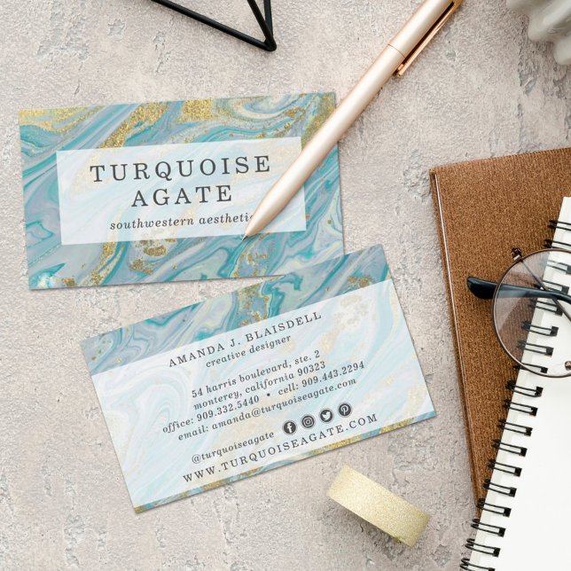 Turcos & Guld Geode Marble Swirl Social Media Visitkort (Skapare uppladdad)