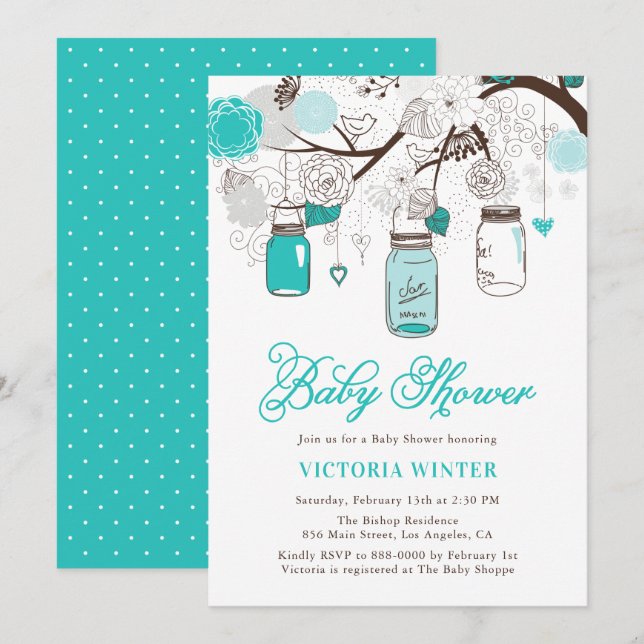 Turcos Hanging Mason Burk Blommigt Baby Shower Inbjudningar (Fram/baksida)
