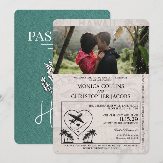 Turcos Hawaii Passport Wedding-inbjudan Inbjudningar (Fram/baksida)