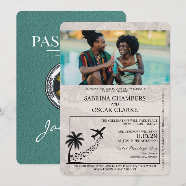 Turcos Jamaica Passport Wedding bjudande Inbjudningar (Fram/baksida)