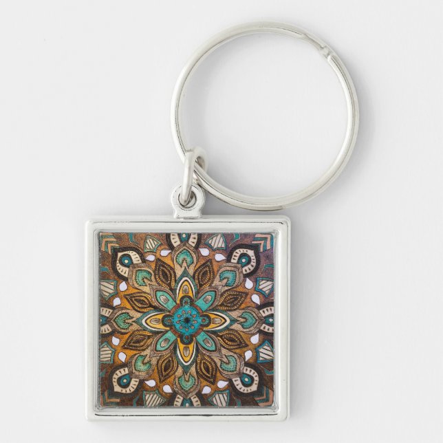 Turcos Mandala Keychain Fyrkantig Silverfärgad Nyckelring (Framsidan)