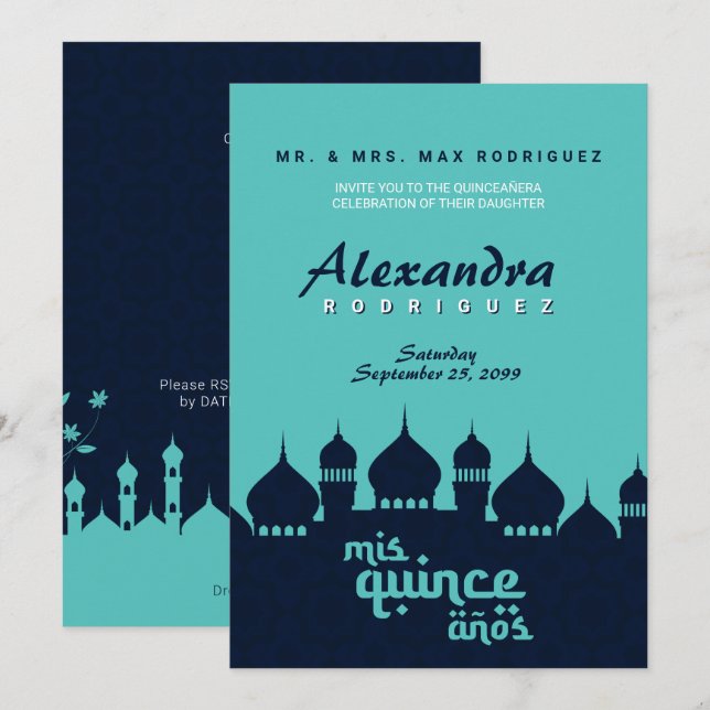 Turcos Midnight Blue Arabian Nights Quinceañera Inbjudningar (Fram/baksida)