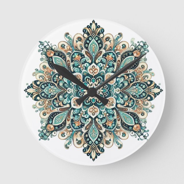 Turcos Paisley Mandala med Guld accents 1 Rund Klocka (Framsida)