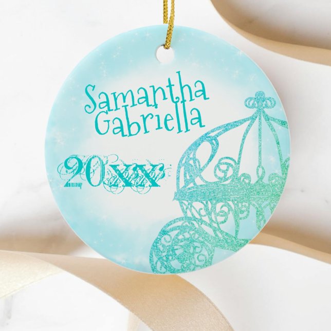Turcos Quinceanera Keepsaké-julprydnad Julgransprydnad Keramik (light turquoise aqua aquamarine christmas photo ornament quinceanera princess gift horse carriage)
