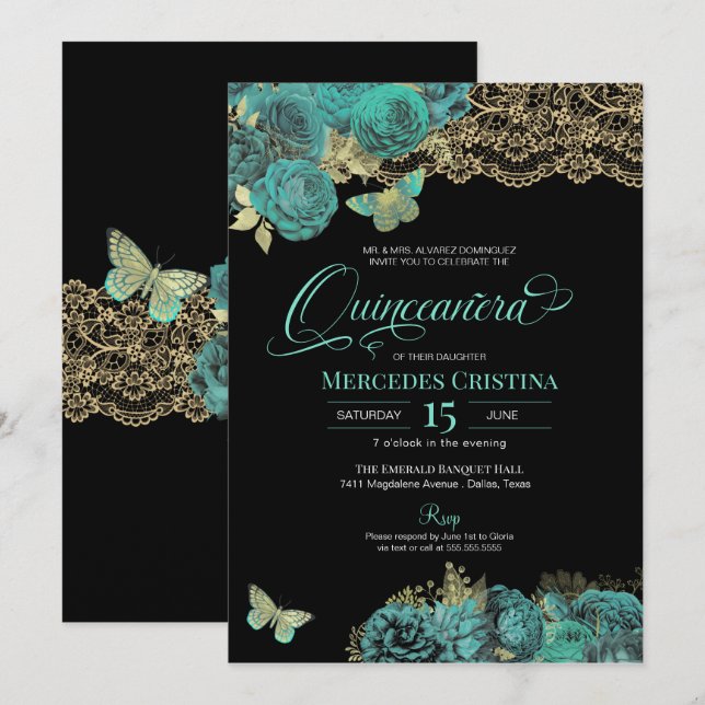 Turcos Ro och Snöre Butterfly Quinceañera Inbjudningar (Fram/baksida)