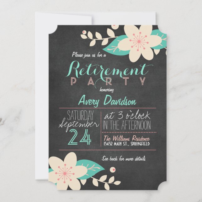 Turcos Rosa Blommigt Chalkboard Pension Party Inbjudningar (Framsida)