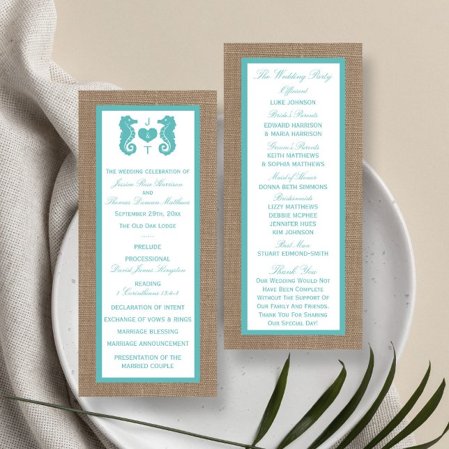 Turcos Seahorse Burlap Beach Wedding Program (Skapare uppladdad)