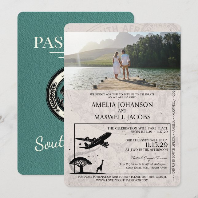 Turcos South Afrika Passport Bröllop Inbjudningar (Fram/baksida)