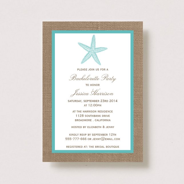 Turcos Starfish Beach Burlap Bachelorette Party Inbjudningar (Skapare uppladdad)