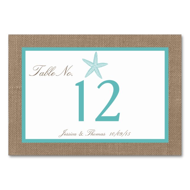 Turcos Starfish Burlap Beach WedCollection Collect Bordsnummer (Framsidan)